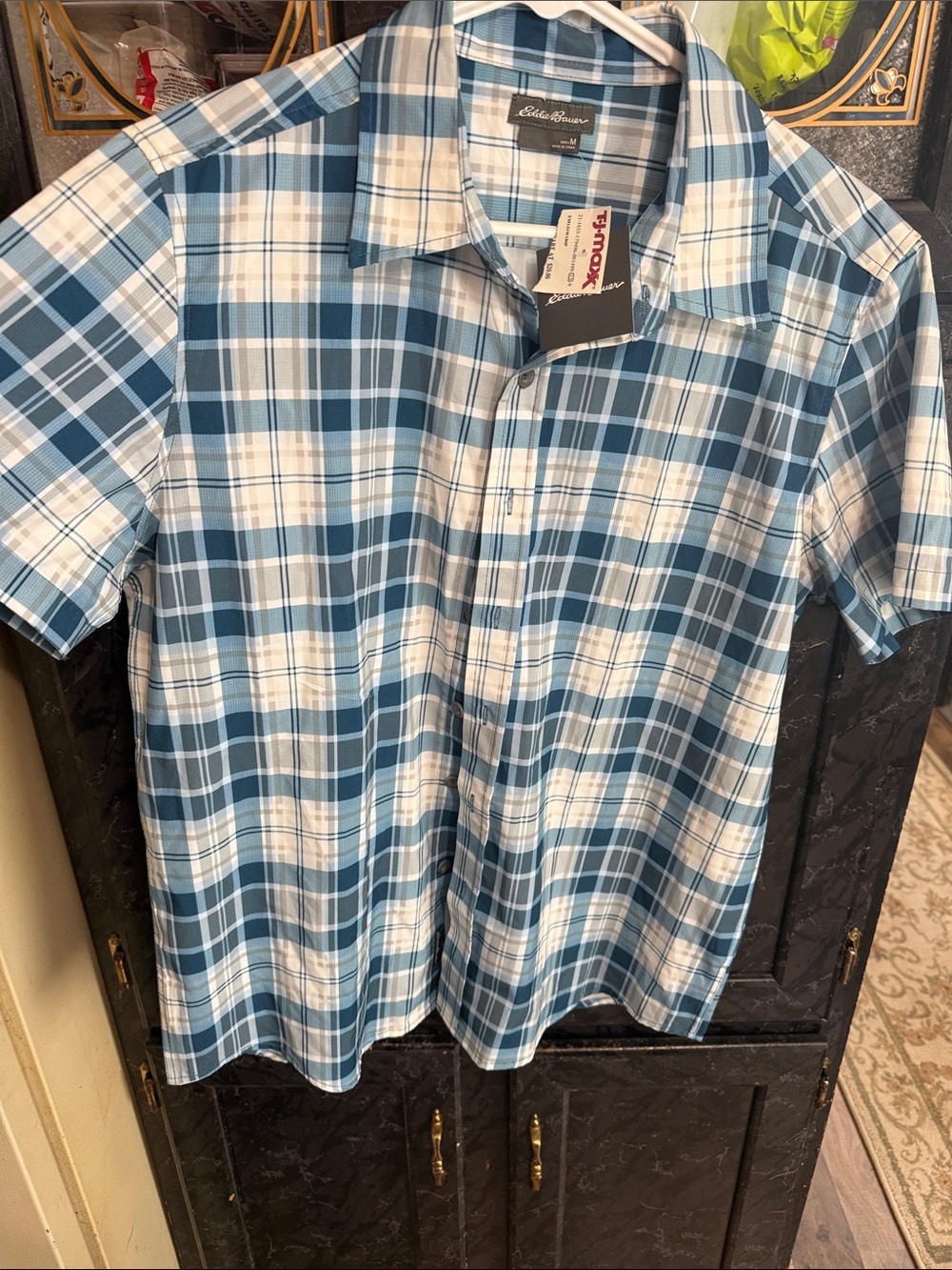 Eddie Bauer Teal and White Plaid Short-Sleeve Button-Up Shirt